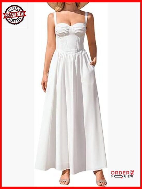 Dresses & Skirts - Floral Lace Corset Maxi Dress Smocked Ruched Wedding Guest Dress with Pockets